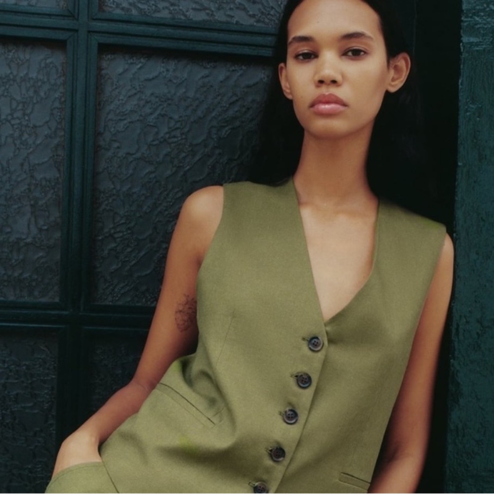 Zara Khaki Green linen blend waistcoat vest